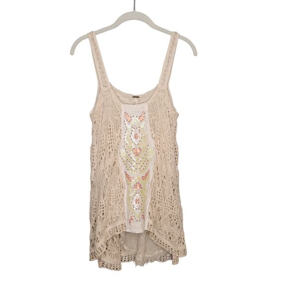 Free People crochet tank top women's size S beige embellished boho Maya festival - Picture 1 of 11